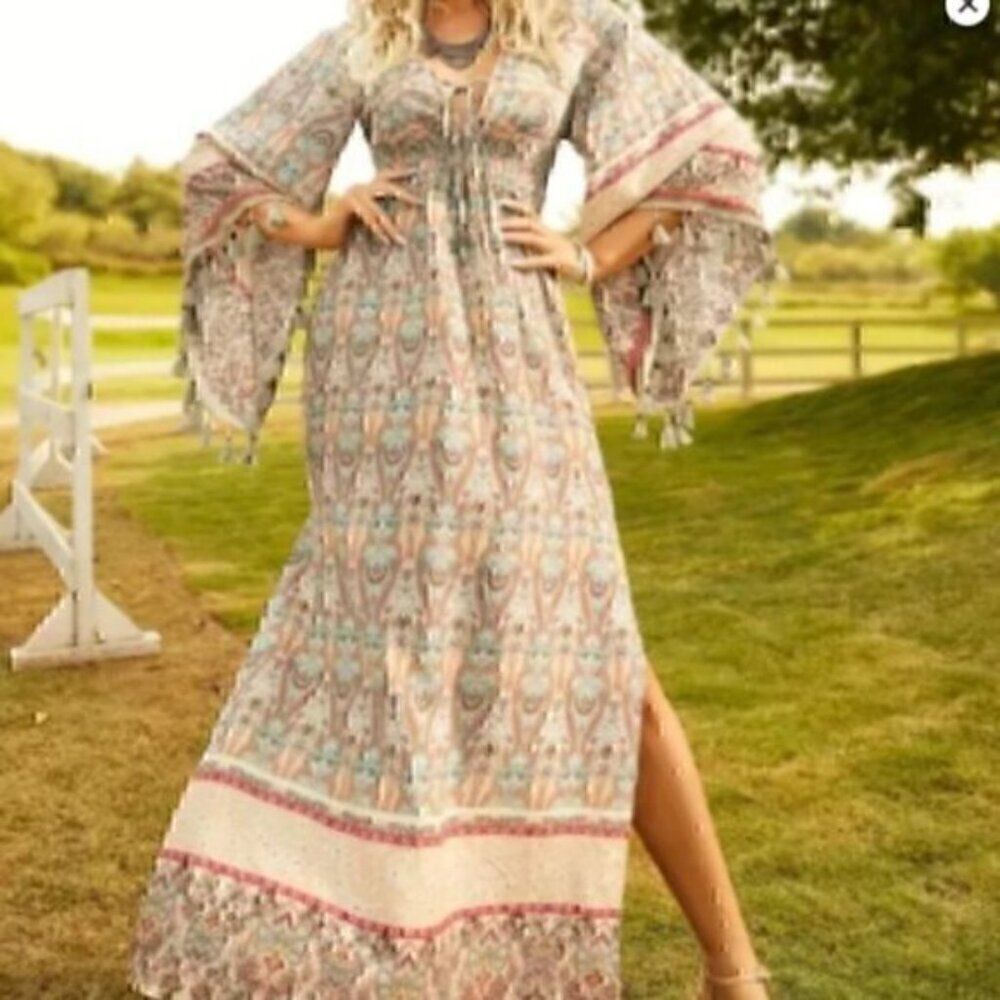Bohemian Floral Print Woven Bell Sleeve Flounce Peasant Maxi Hippie Dress L - Picture 4 of 12